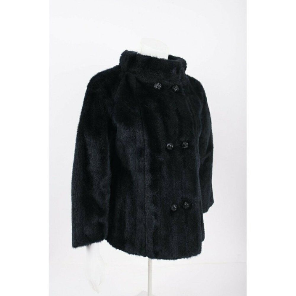 Vintage 50s 60s Womans Black Faux Fur Jacket Coat Double Breasted S M Winter - Picture 5 of 6